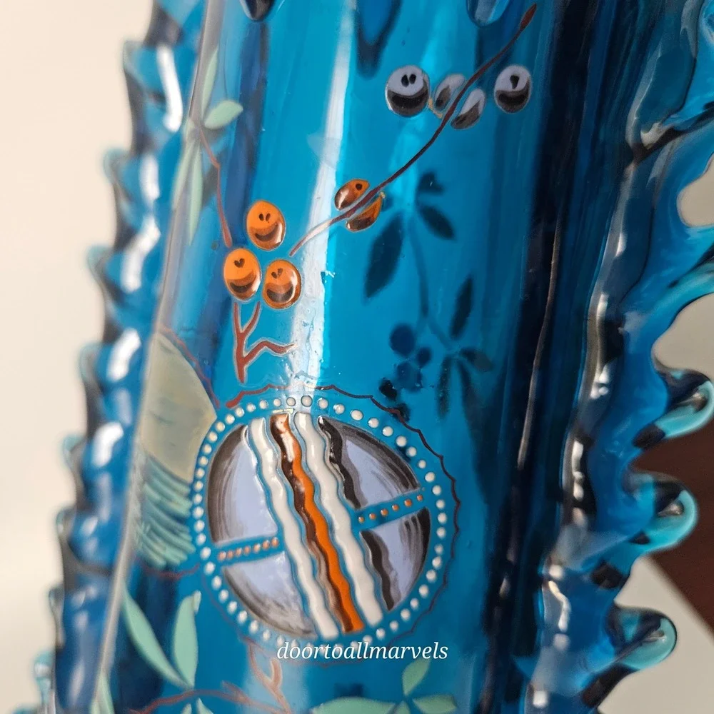 Auguste Jean Antique Blue Footed Vase Art Nouveau Enamel Paint Berries Tall 12